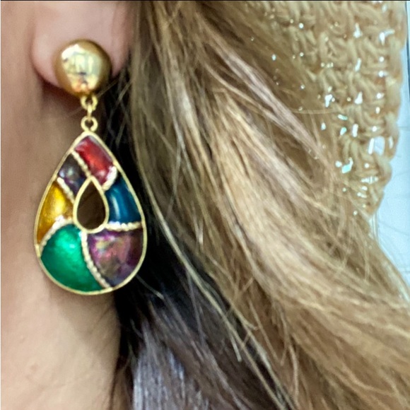 Gold-toned Teardrop Muli-colored Dangle Statement Earrings - Picture 3 of 9